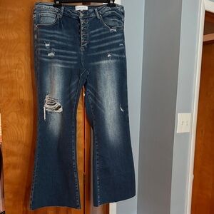 Women's Distressed Flare Jeans in Dark Blue